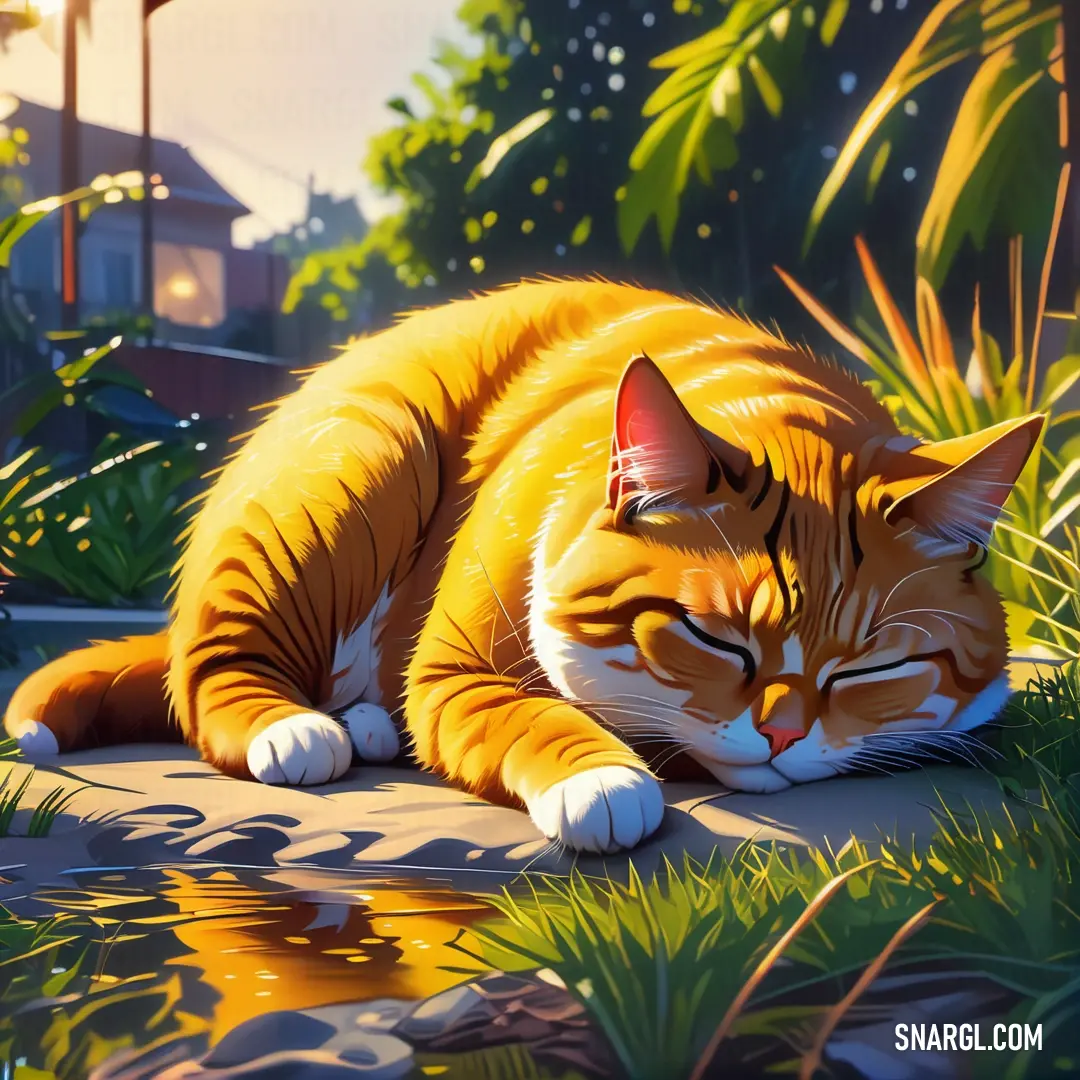 Cat laying on a rock next to a body of water and grass with a house in the background