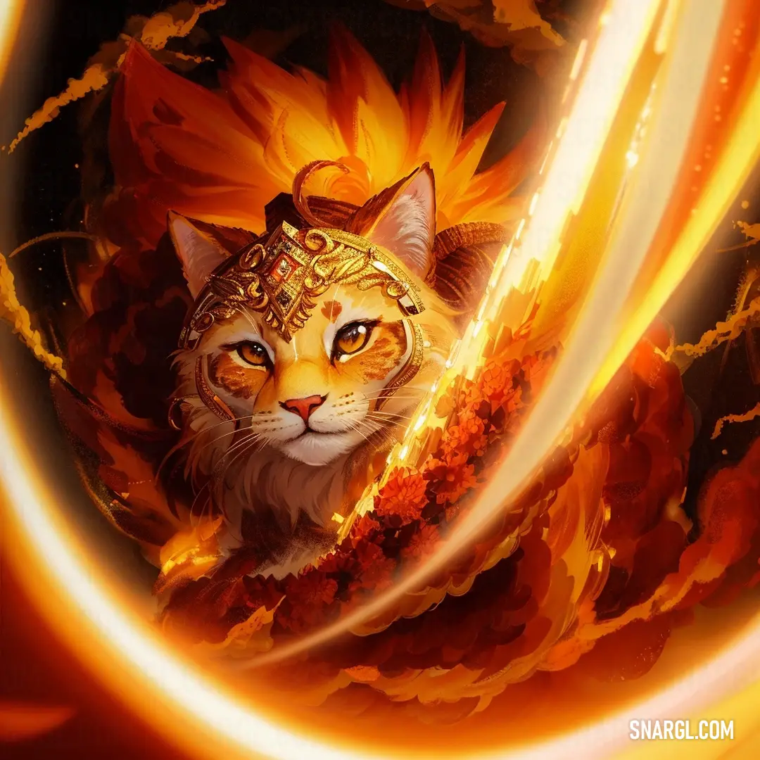 Cat with a golden headdress on its head and a fireball in the background with flames