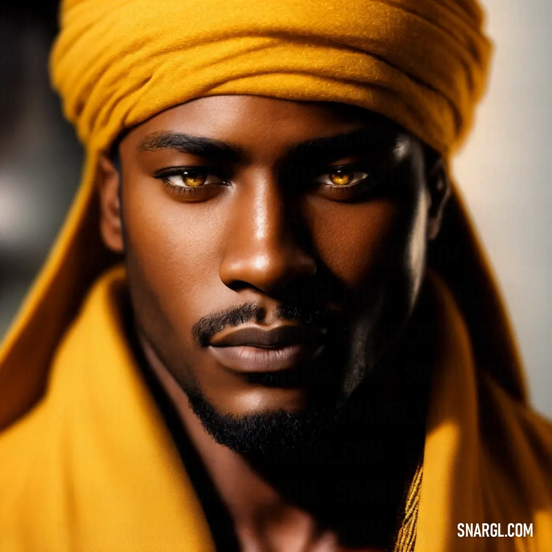Man with a turban on his head and a yellow shirt on his shirt is looking at the camera