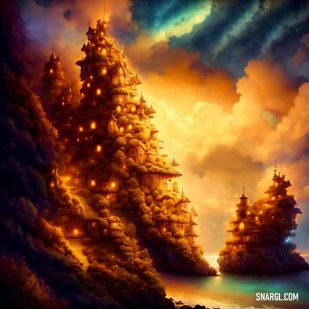 Painting of a group of trees in the middle of a lake with lights on them and a sky background