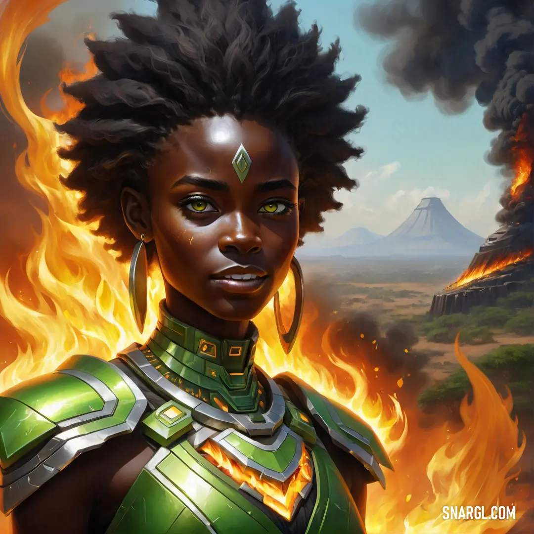 Woman with dreadlocks and a green outfit standing in front of a fire and volcano background