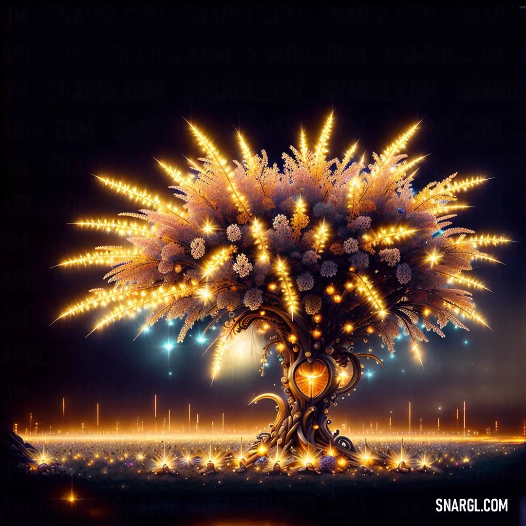 Large fireworks display in a dark room with a black background and a yellow and white flower arrangement in the center