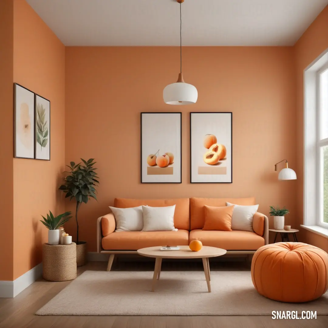 Living room with orange walls and a white rug on the floor and a round ottoman in the middle