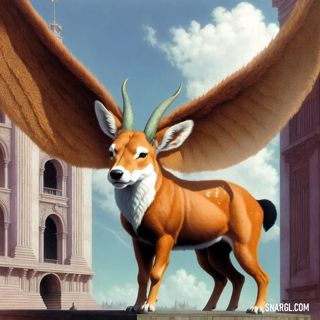 Painting of a deer with wings on it's head and a building in the background with a clock tower