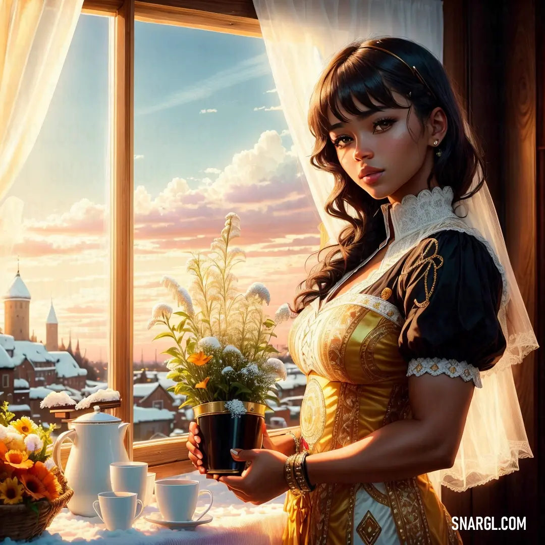 Woman in a dress holding a cup of coffee in front of a window with a view of a snowy town. Example of CMYK 4,53,100,8 color.
