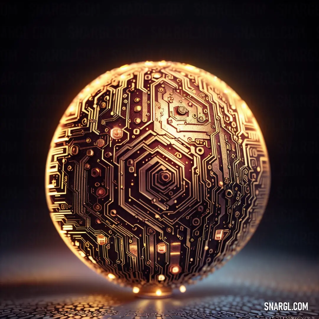 Computer circuit board sphere on a table with a black background and a yellow light shining through the center