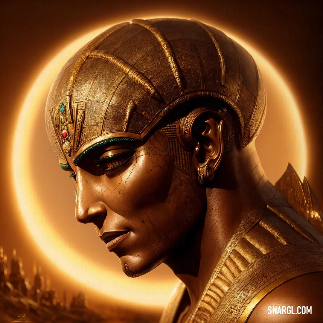 Digital painting of a egyptian man with a golden helmet and gold hair and a crescent in the background