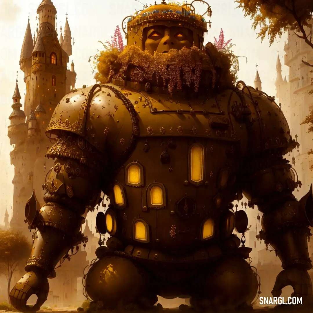 Giant robot with a crown on his head standing in front of a castle with a clock tower in the background