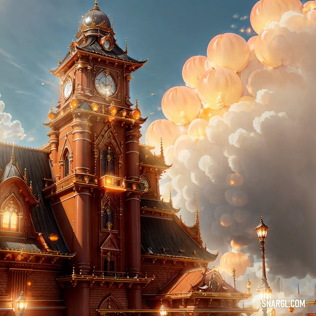 Large building with a clock tower and a sky background with balloons in the air above it and a sky filled with clouds