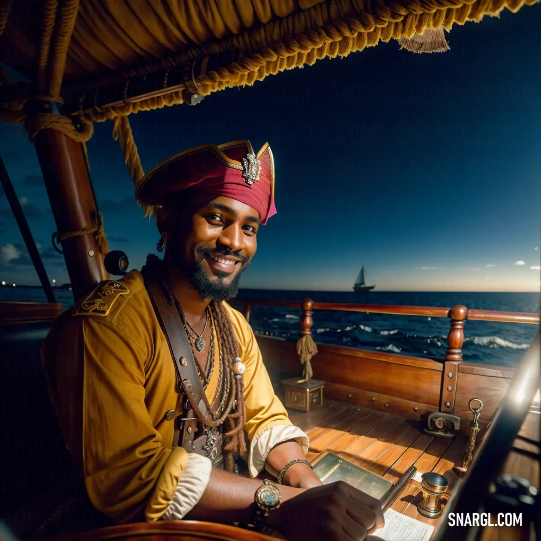 Man in a pirate costume on a boat in the ocean at night with a ship in the background. Color CMYK 7,50,100,34.