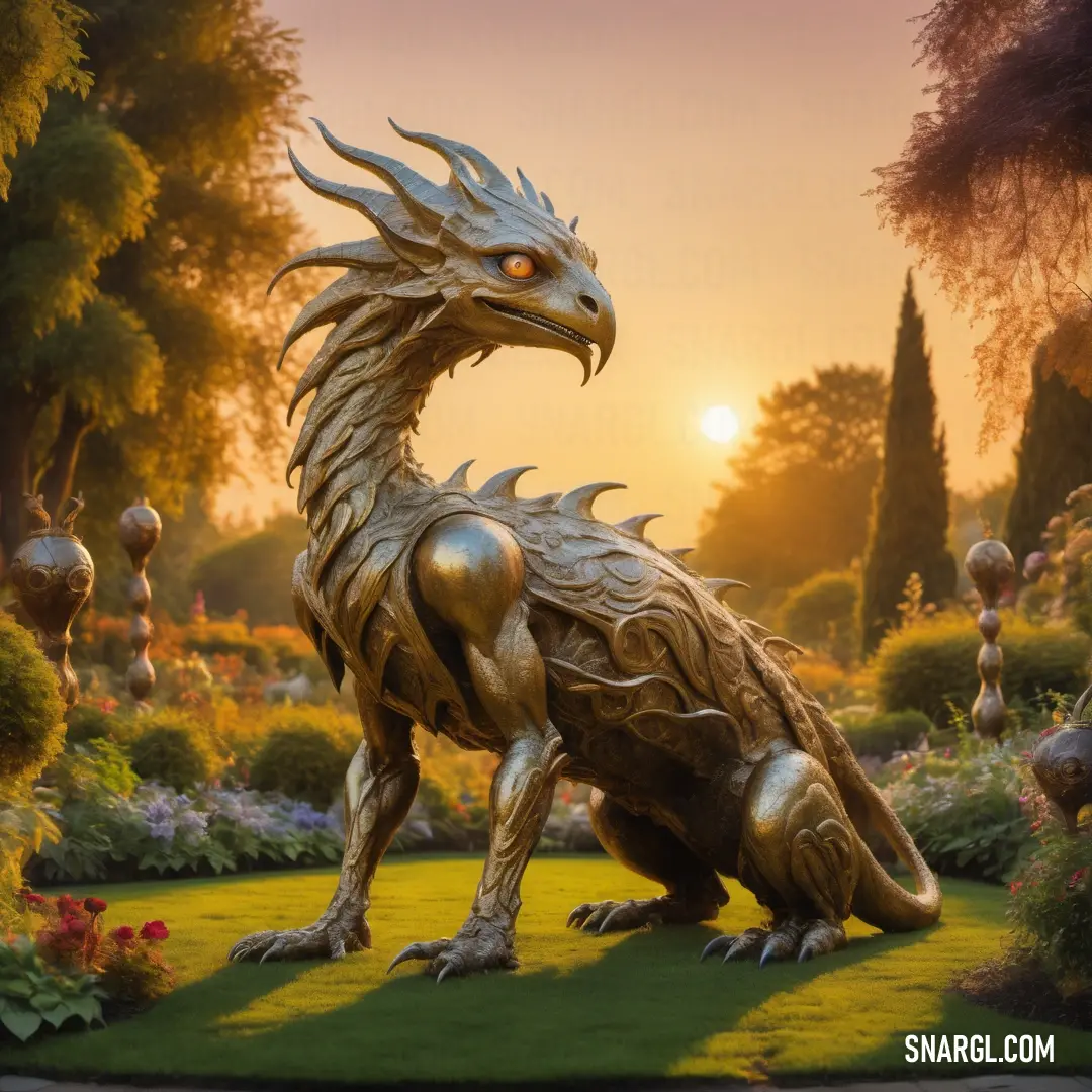 Golden dragon statue in a garden at sunset or dawn with a sun setting behind it and trees and bushes