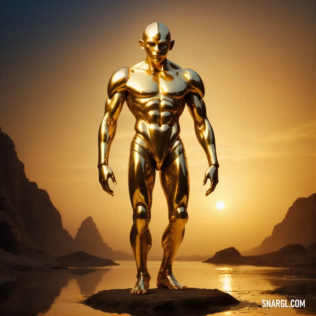 Golden man standing on a rock in the desert at sunset with a body of water in the foreground. Color CMYK 0,34,58,0.