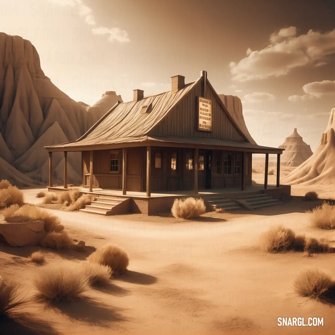 Small building in the middle of a desert with mountains in the background. Example of #EFB670 color.