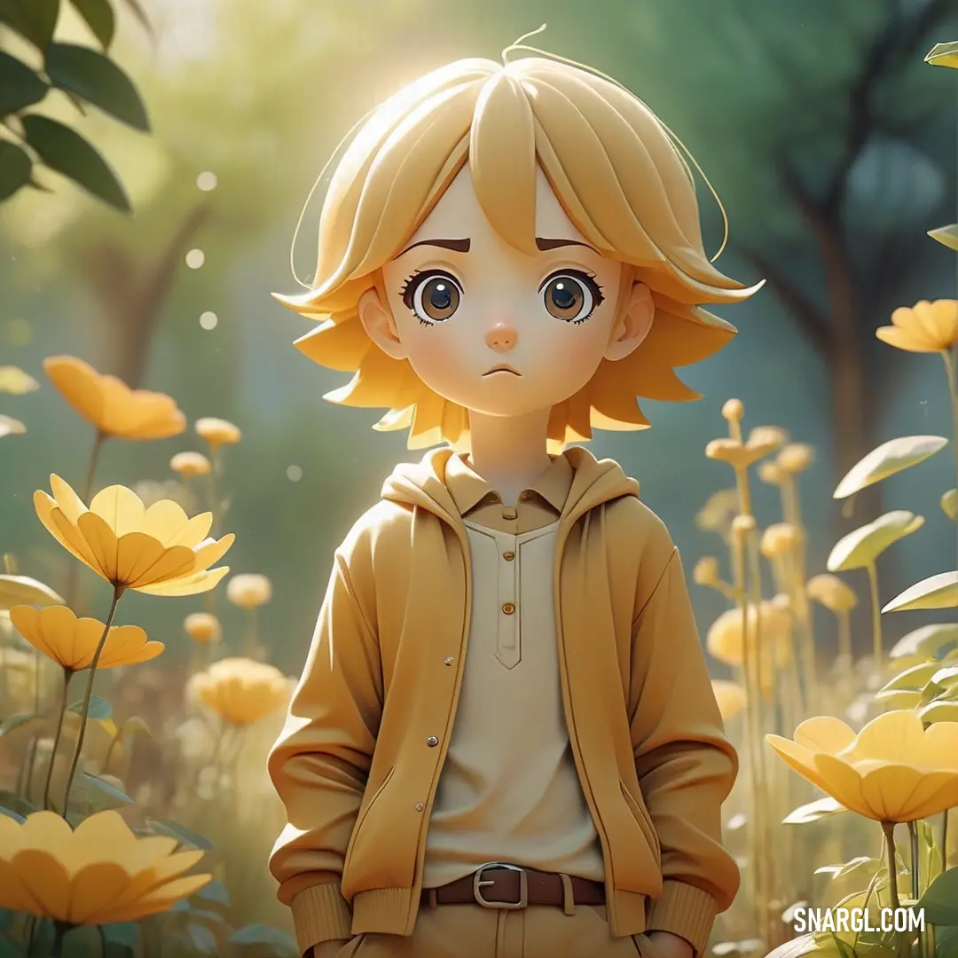 Young girl standing in a field of yellow flowers with a sad look on her face and a brown jacket. Example of CMYK 0,34,58,0 color.