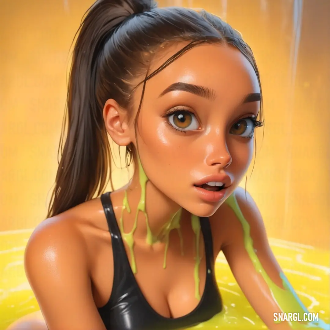 Digital painting of a woman in a bathing suit with green liquid on her face