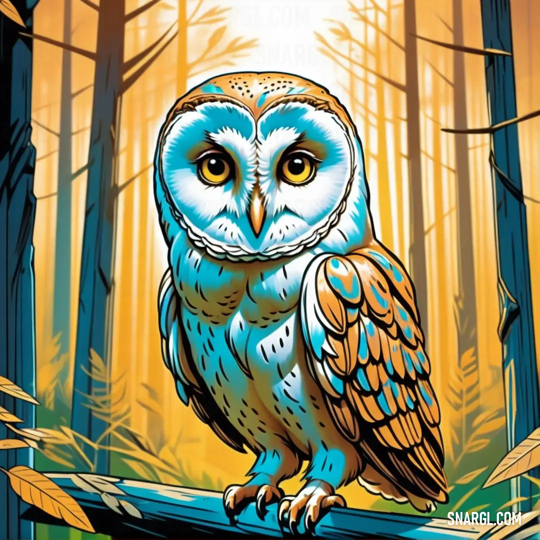 PANTONE 1495 color. Blue owl on a branch in a forest with trees and leaves in the background