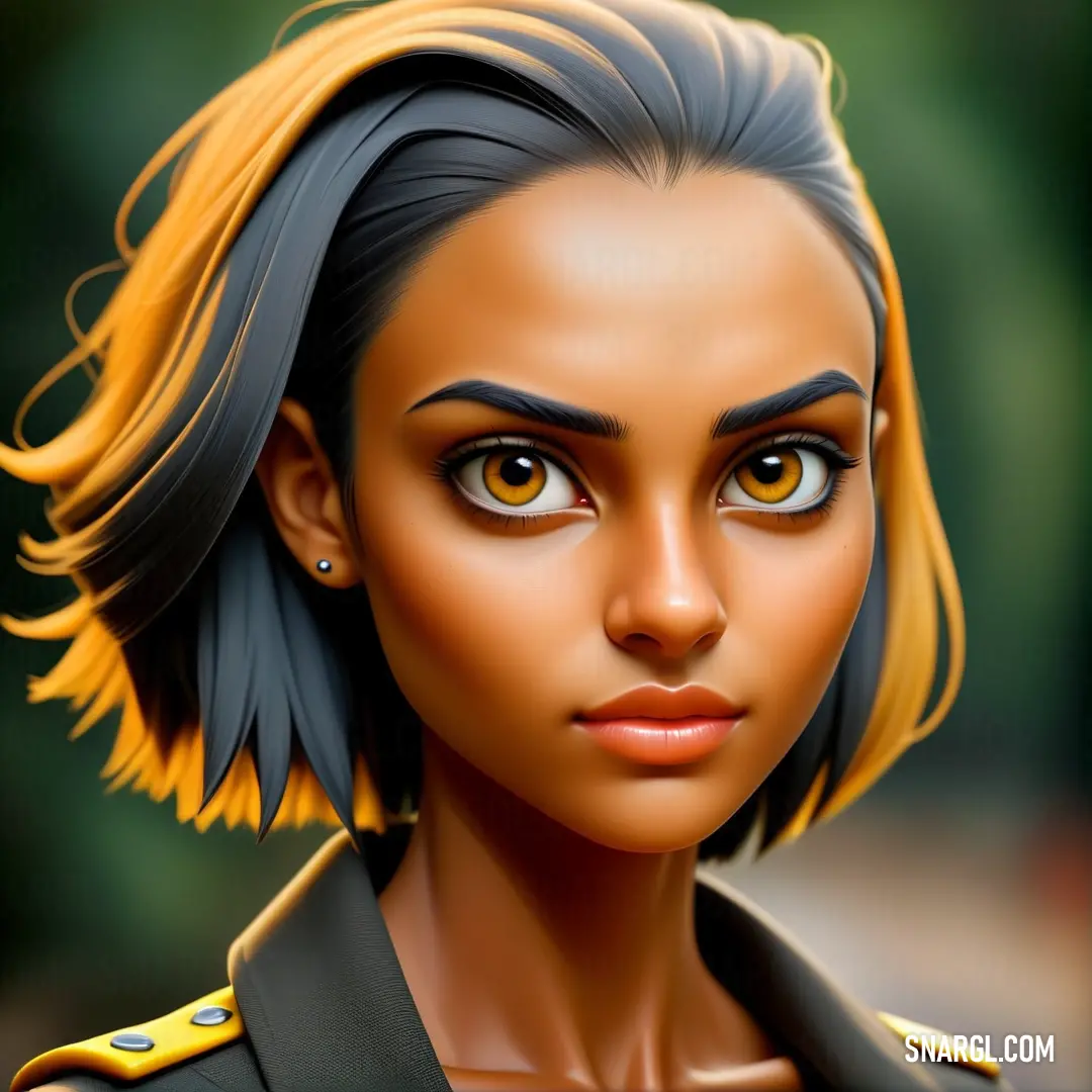 Digital painting of a woman with a military uniform on and a yellow hair and blue eyes and a black jacket. Example of #EBA149 color.