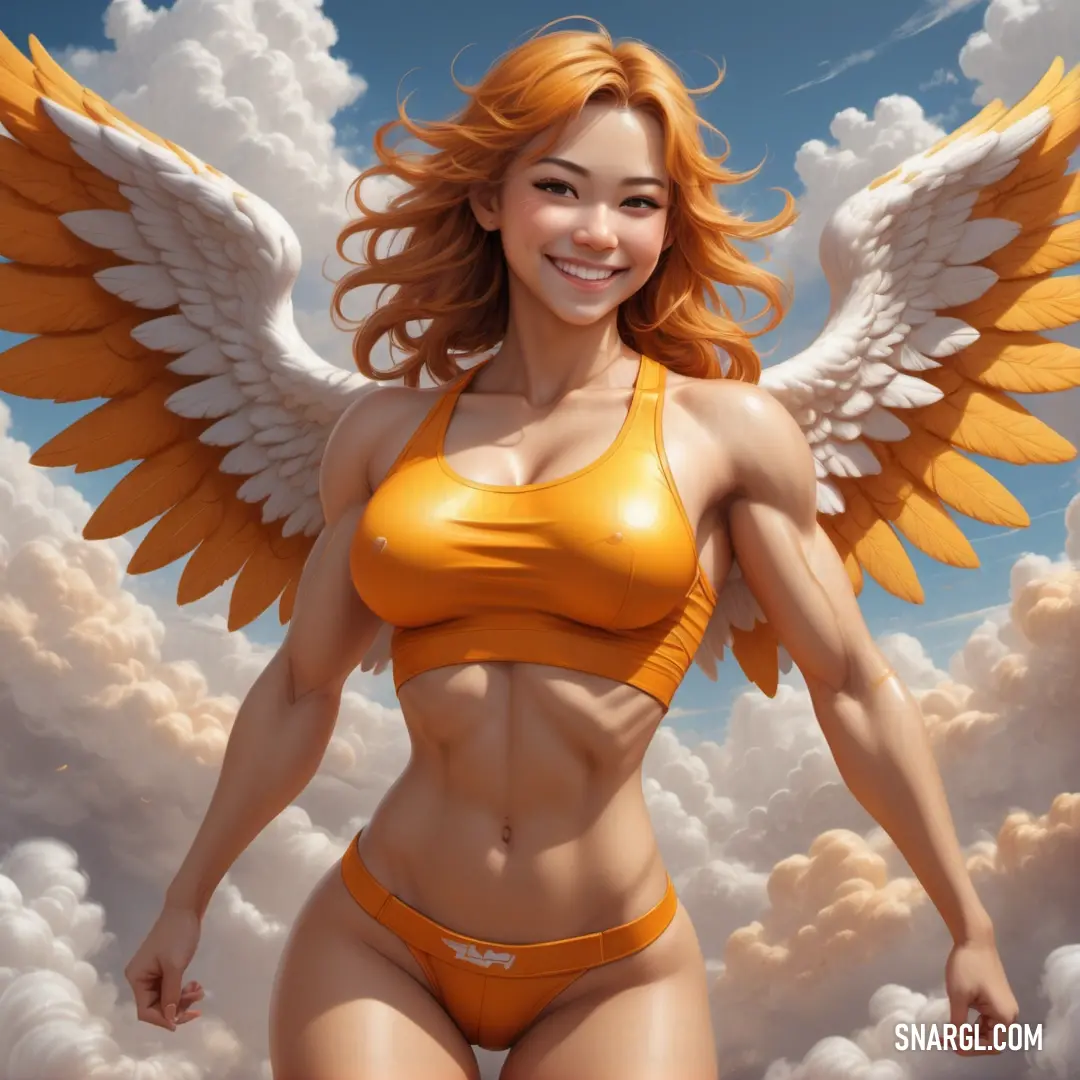 Woman in a bikini with wings on her chest. Example of RGB 235,161,73 color.
