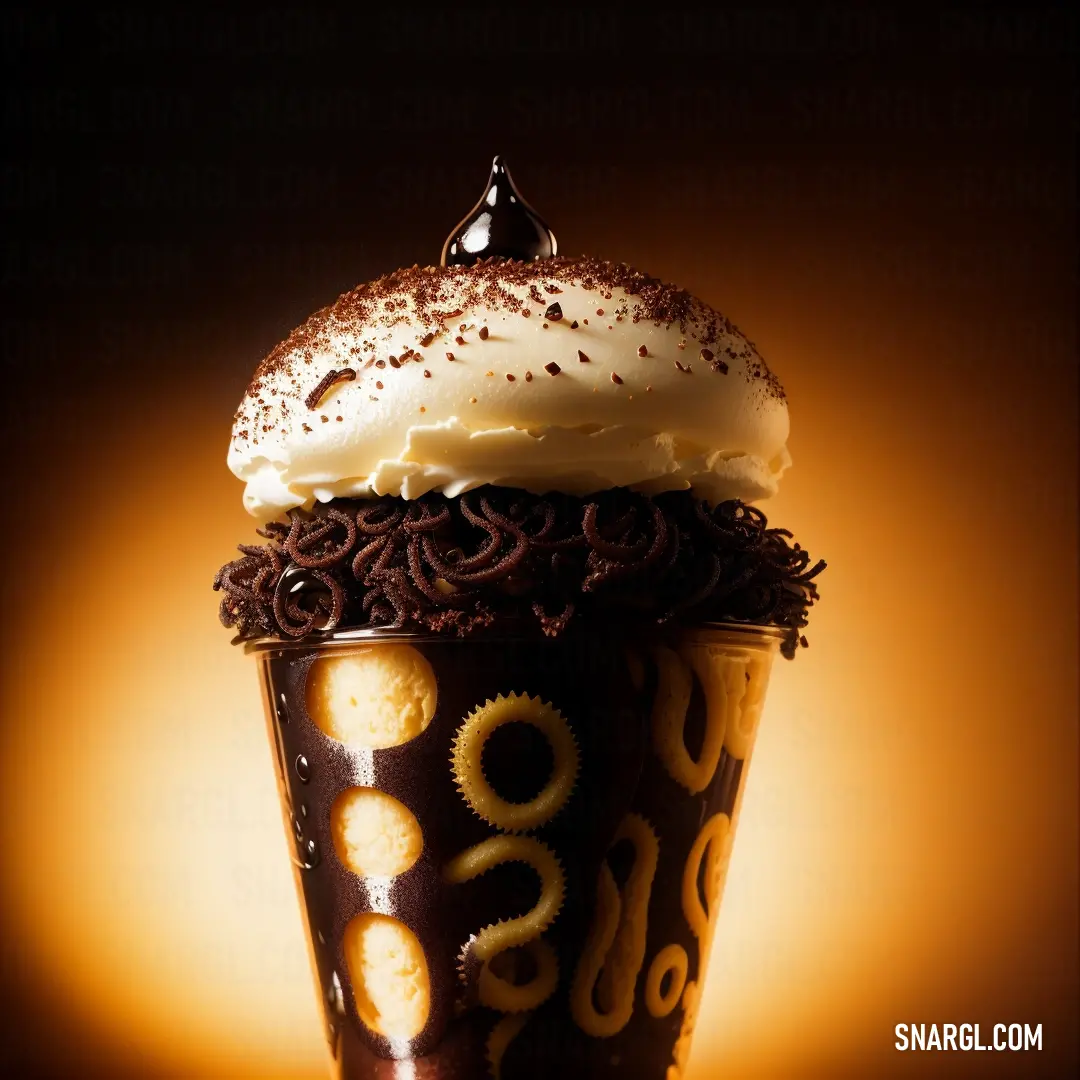 Cupcake with chocolate icing and sprinkles on top of it on a table with a yellow background