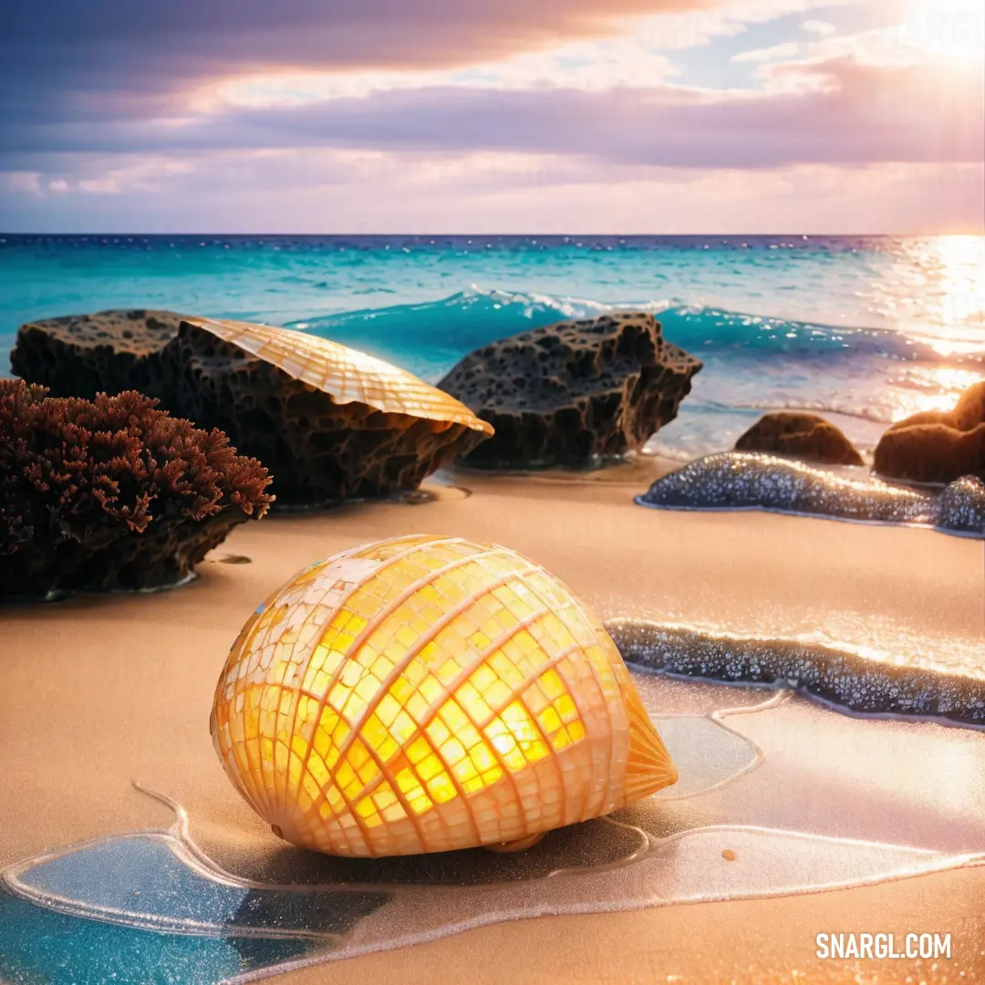 Shell on a beach with the sun shining through the clouds and water behind it