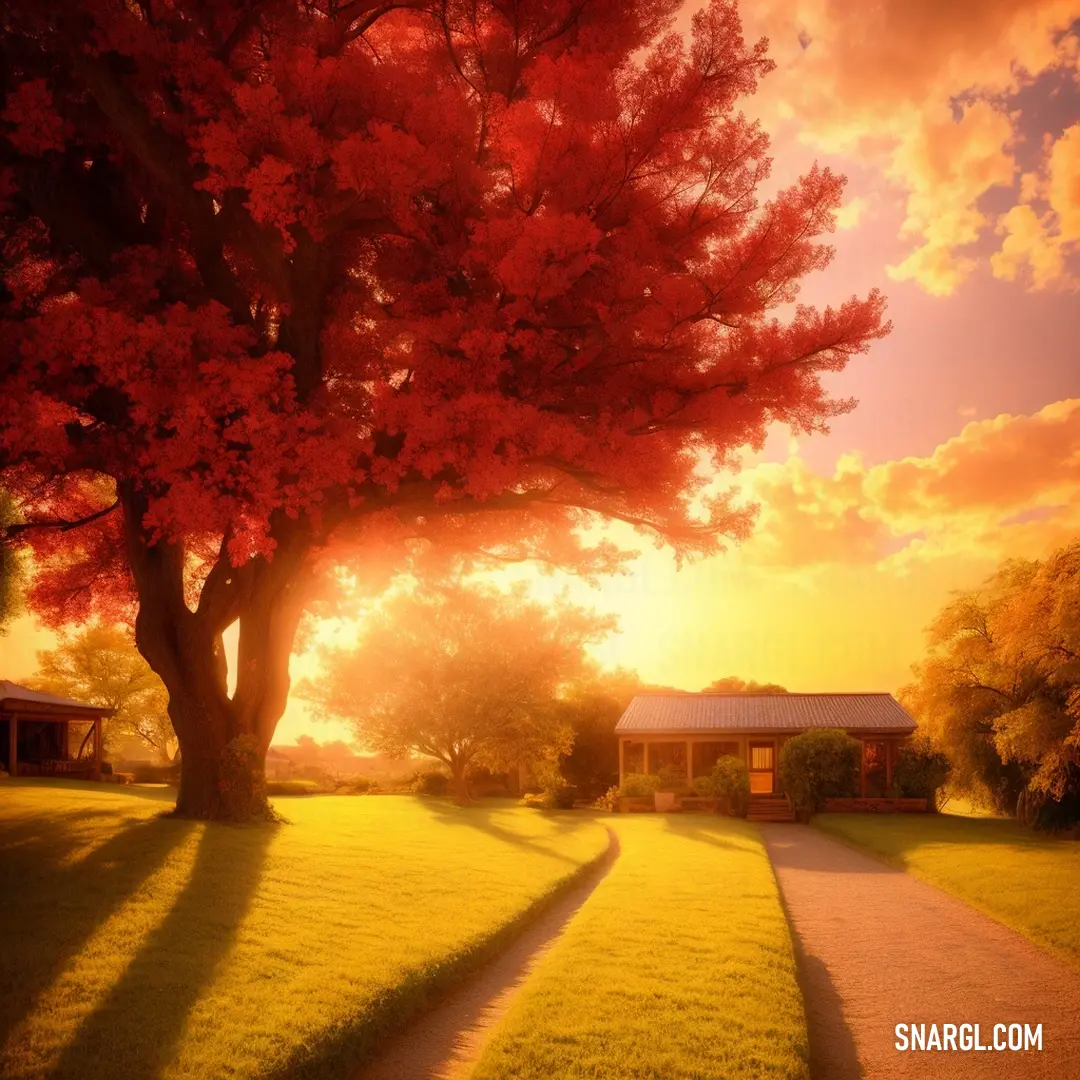 Tree with red leaves in a grassy field at sunset with a house in the background and a path leading to it