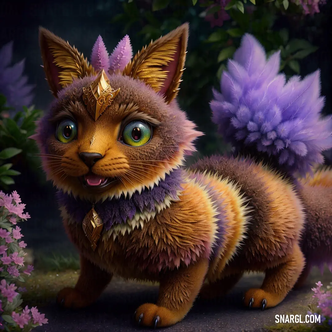 Cat with a purple collar and a gold collar on it's neck standing in a garden of flowers. Example of RGB 231,142,46 color.