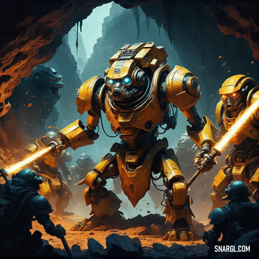 Group of yellow and black robots in a cave with a light saber in their hand