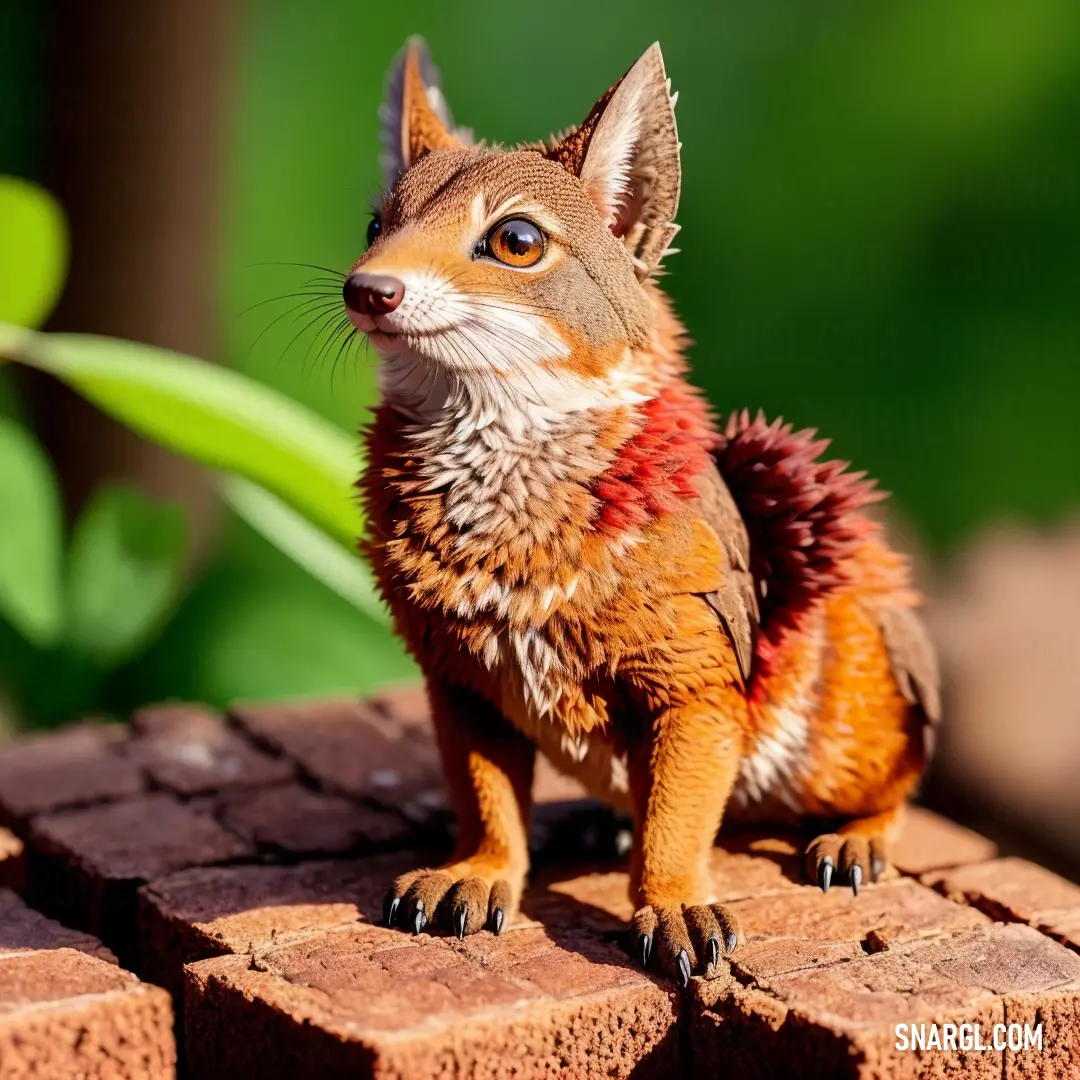 Small toy fox on top of a brick wall next to a planter with a green leaf. Color CMYK 0,56,90,0.