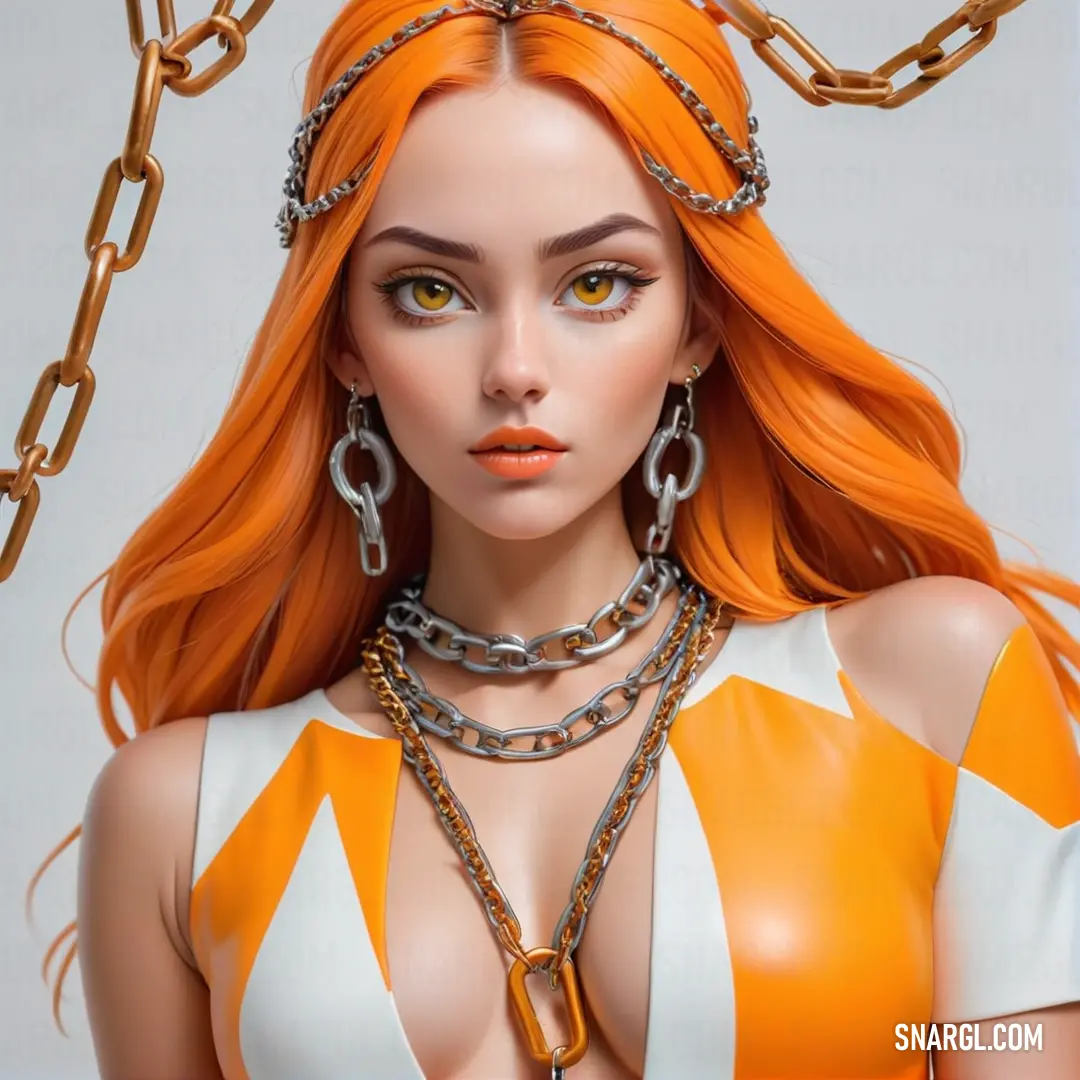 Woman with orange hair and a necklace and earrings on her head and a chain around her neck