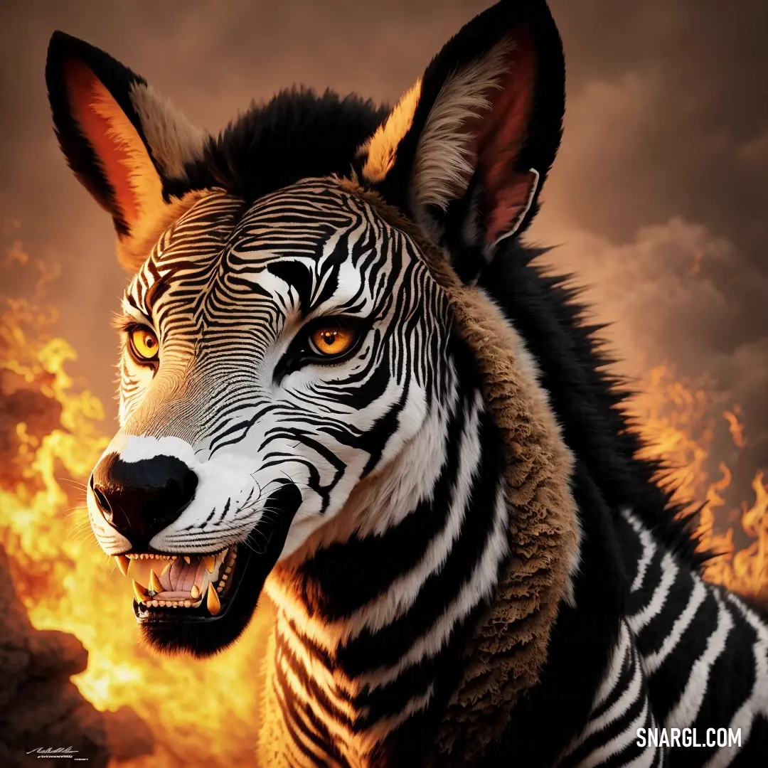 PANTONE 1505 color. Zebra with a fire in the background and a sky