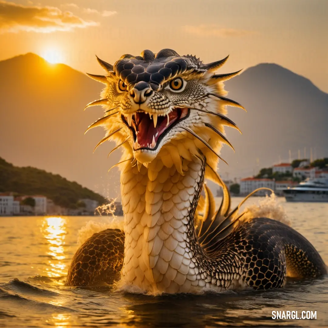 Dragon statue is in the water with a boat in the background at sunset or dawn