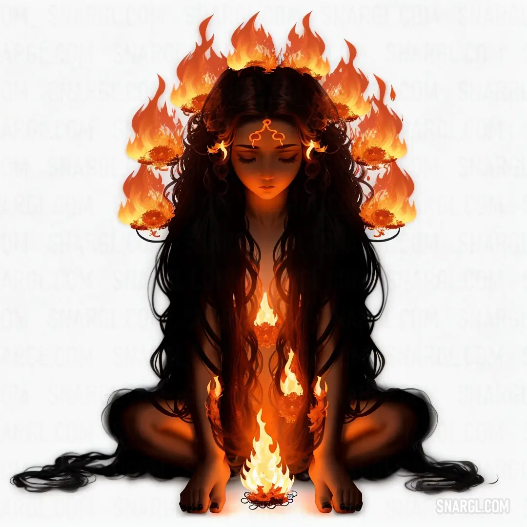 Woman in front of a fire with her eyes closed and her hair blowing back