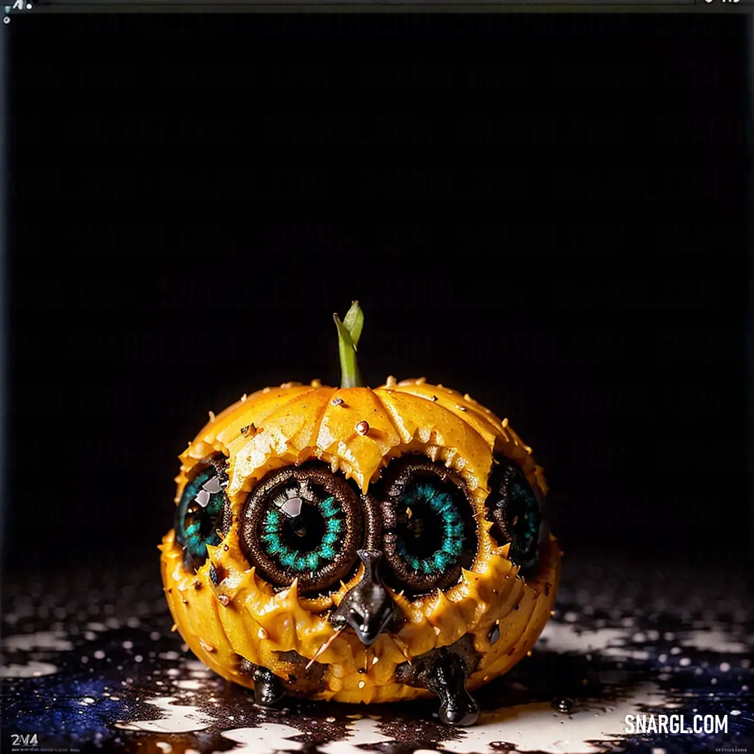 Yellow pumpkin with green eyes and a black background