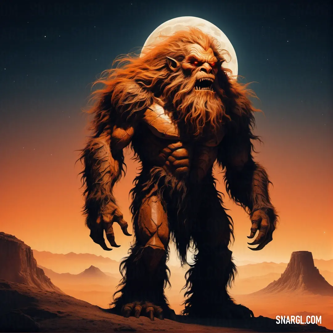 Big furry creature standing in the desert at night with a full moon in the background and mountains in the foreground