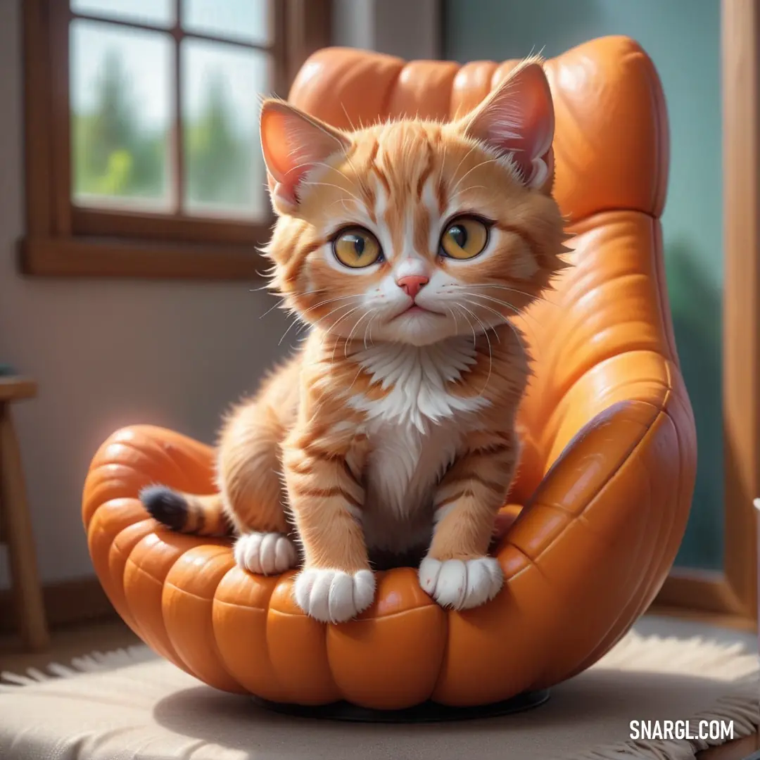 Cat on a pumpkin shaped chair in a room with a window and a rug on the floor
