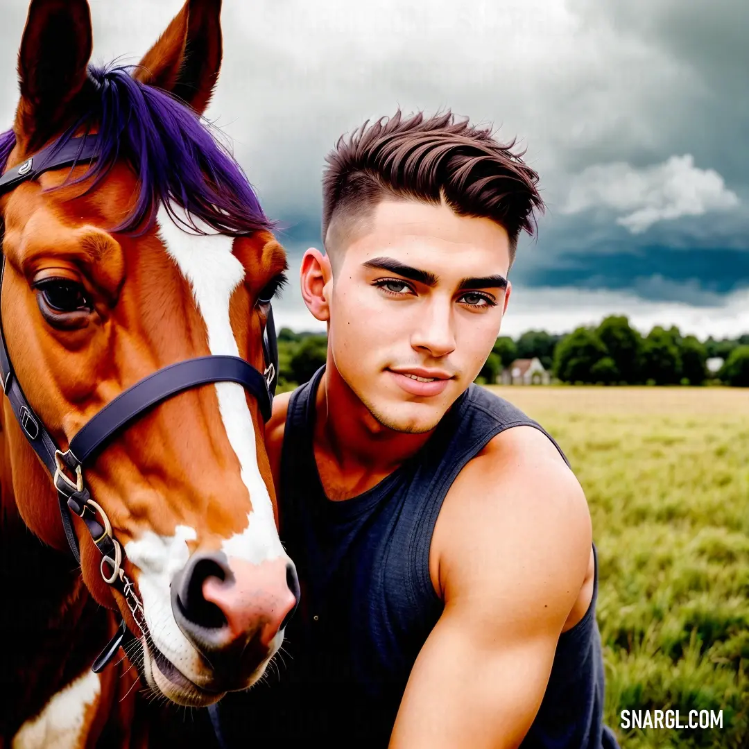 Man is posing with a horse in a field of grass and clouds in the background