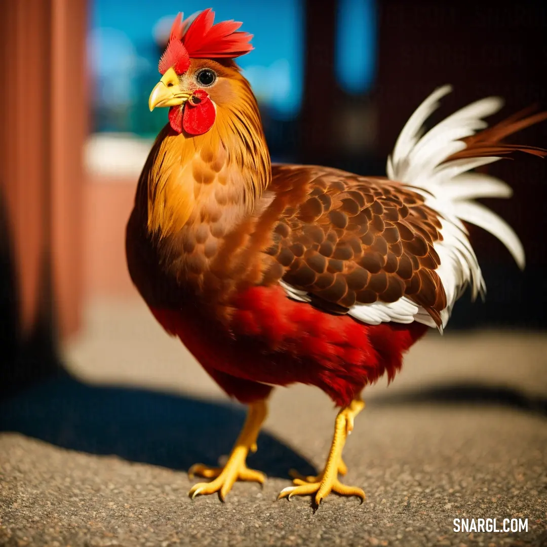 Rooster with a red and white comb stands on a sidewalk in the sun