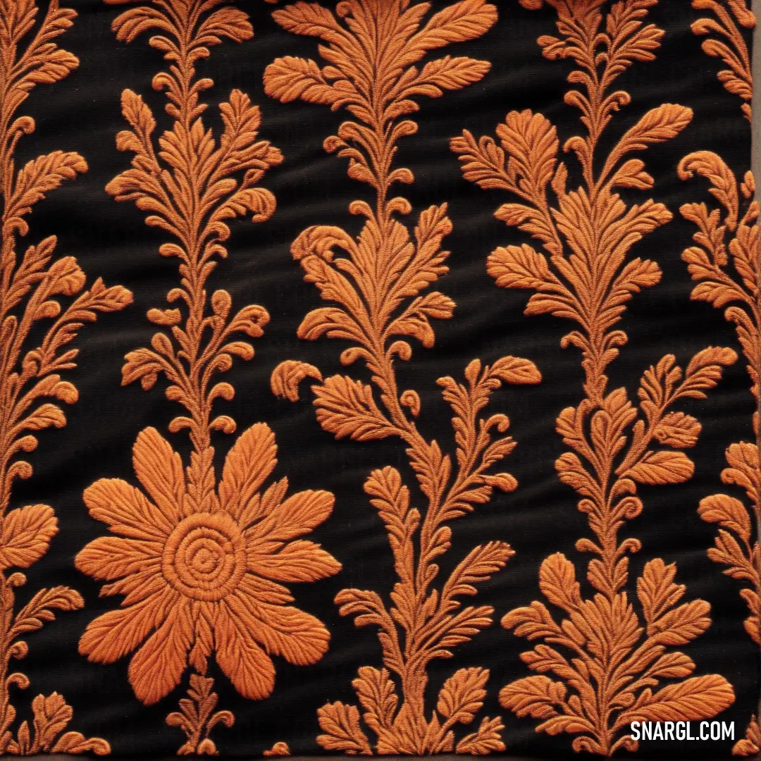 Black and orange wallpaper with a flower design on it's side and a black background. Color PANTONE 1525.