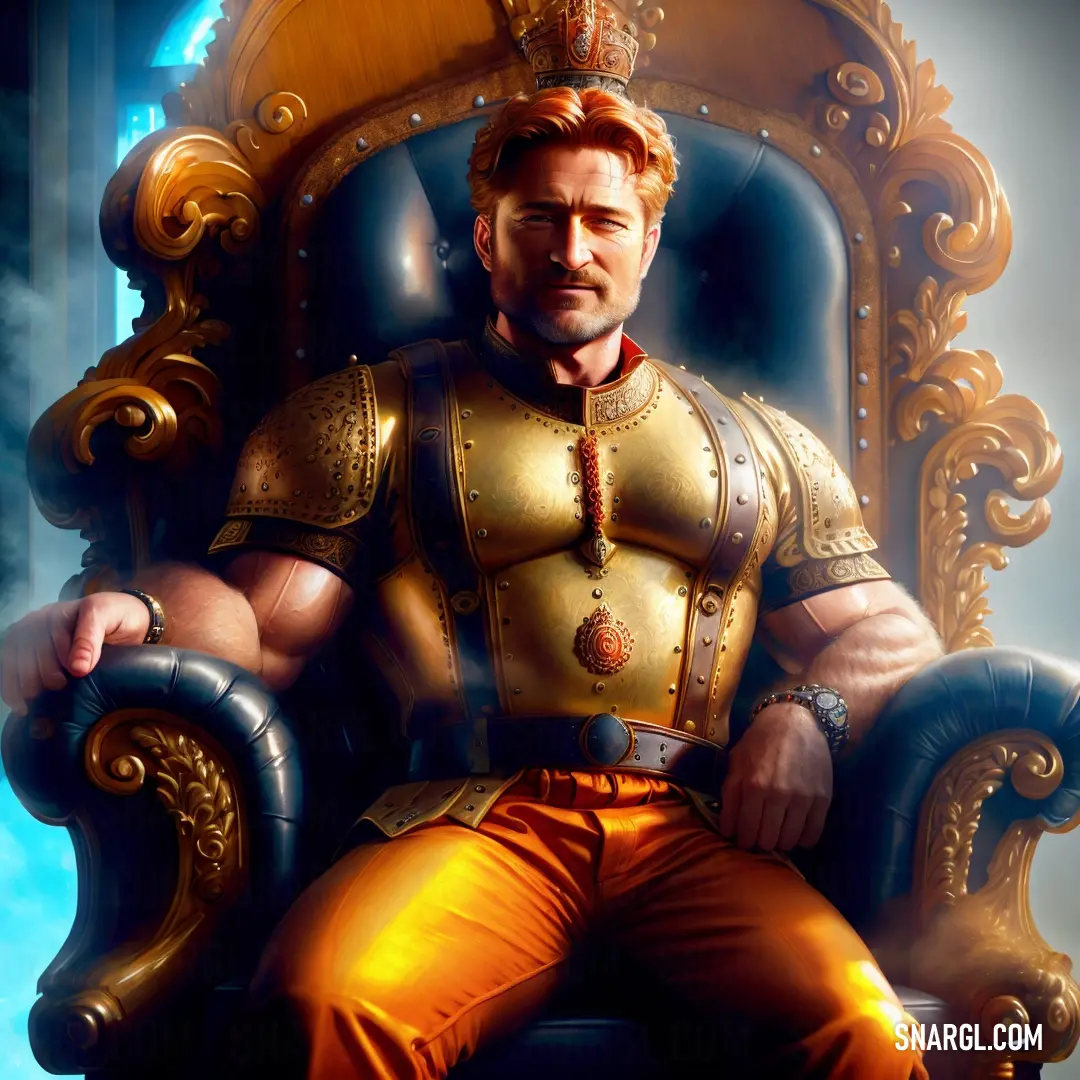 Man in a golden outfit on a giant chair with a crown on his head and a chain on his neck