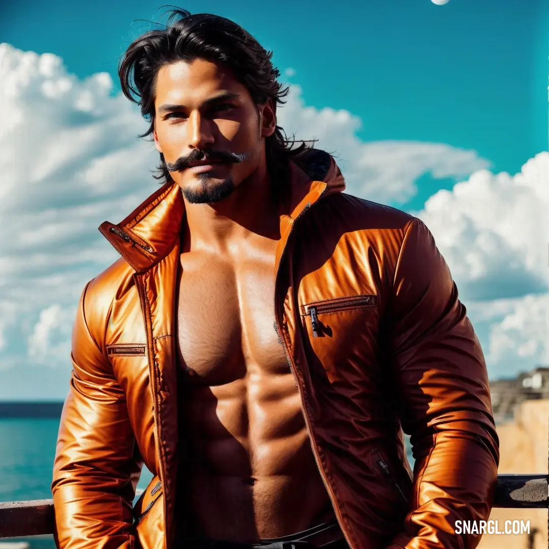 Man with a mustache standing by the ocean wearing a leather jacket and jeans with no shirt on