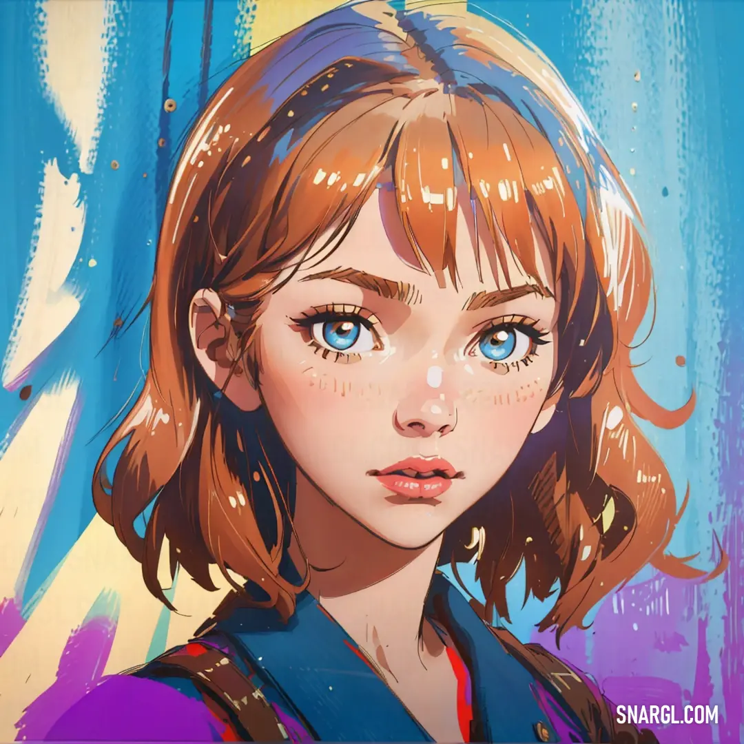 Painting of a girl with blue eyes and a purple shirt on