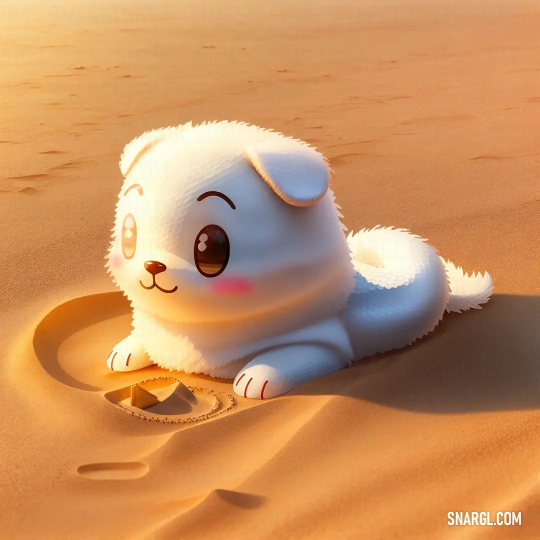 Small white dog in the sand on a beach at sunset or sunrise or sunset