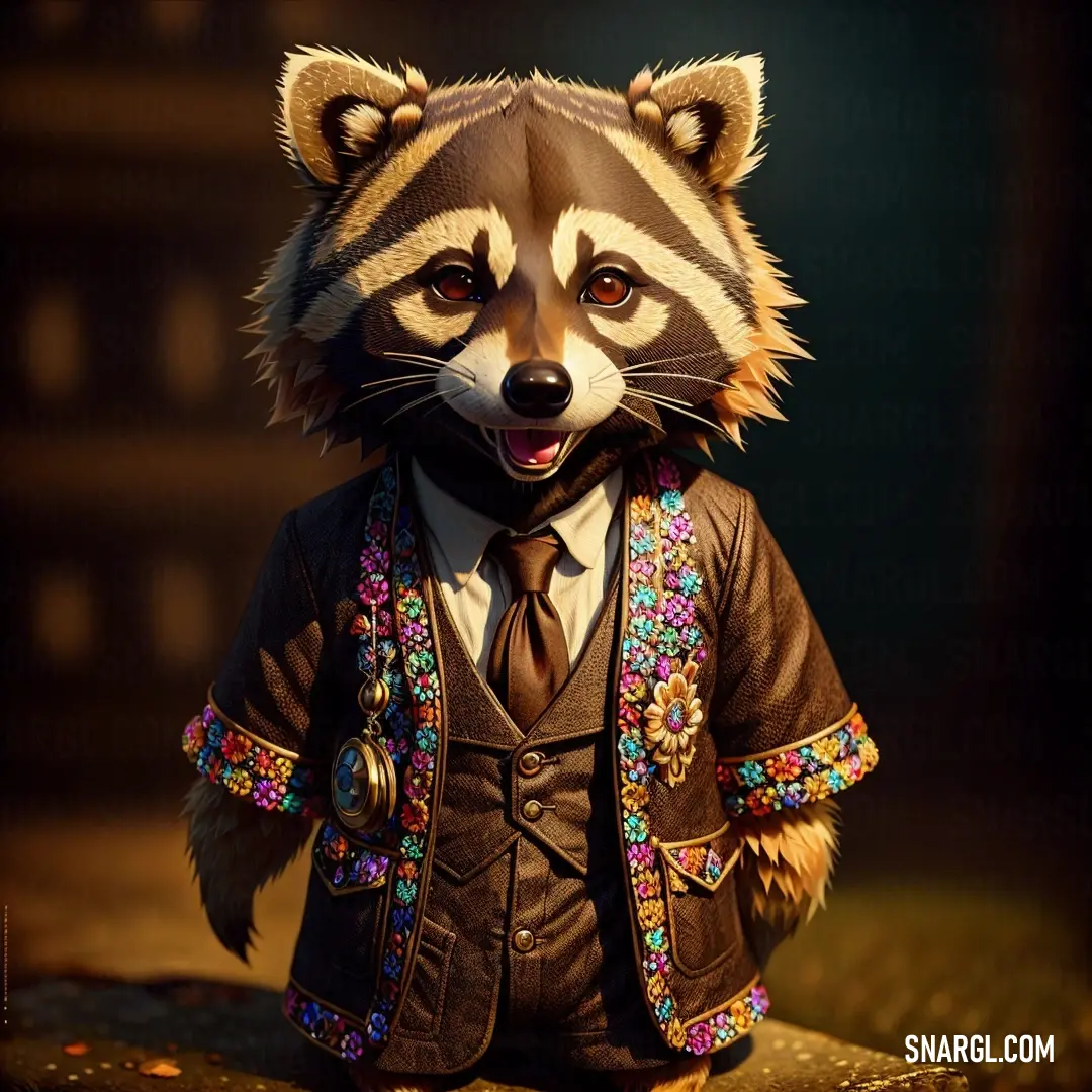 Raccoon dressed in a suit and tie with a jacket on it's chest