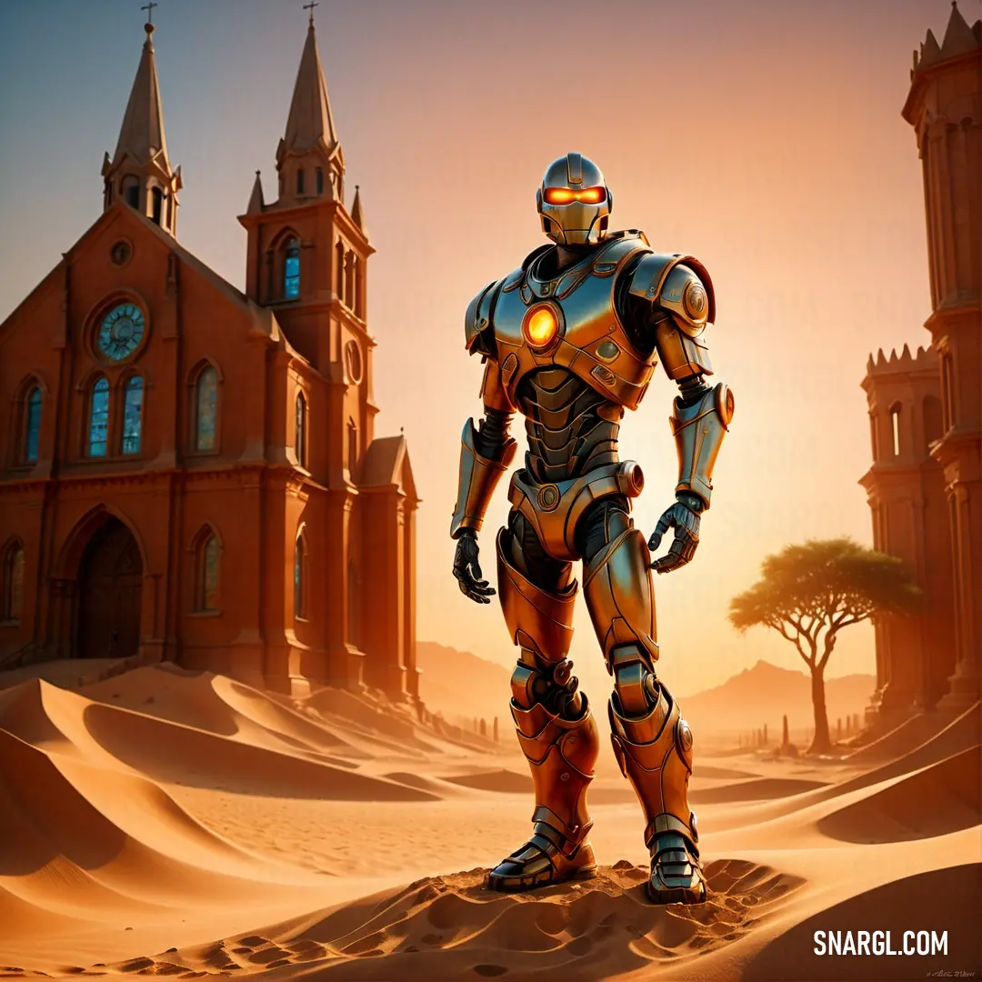 Robot standing in front of a castle in the desert with a clock tower in the background