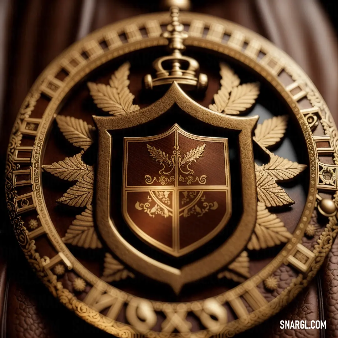 Gold and red emblem on a brown leather chair with a brown leather seat cushion and a brown leather seat. Example of CMYK 20,76,100,70 color.