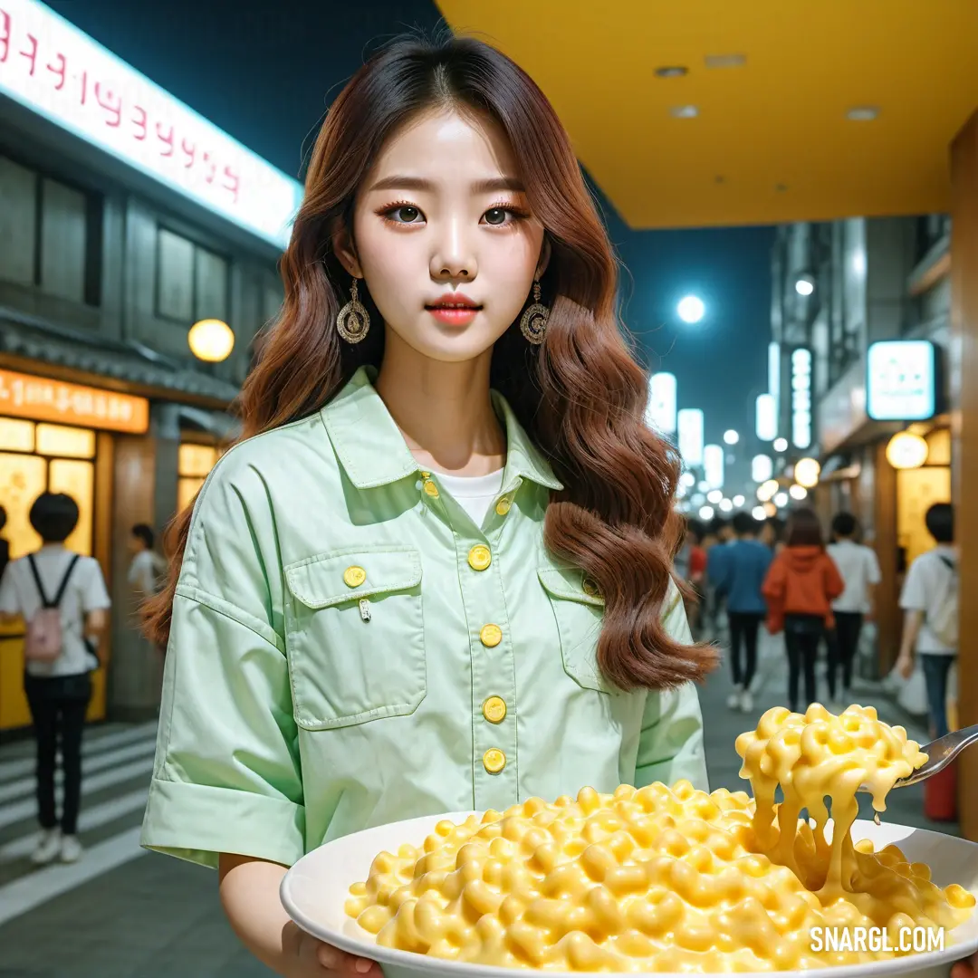 Woman holding a plate of macaroni and cheese on a street corner at night time with people walking by. Example of PANTONE 1545 color.