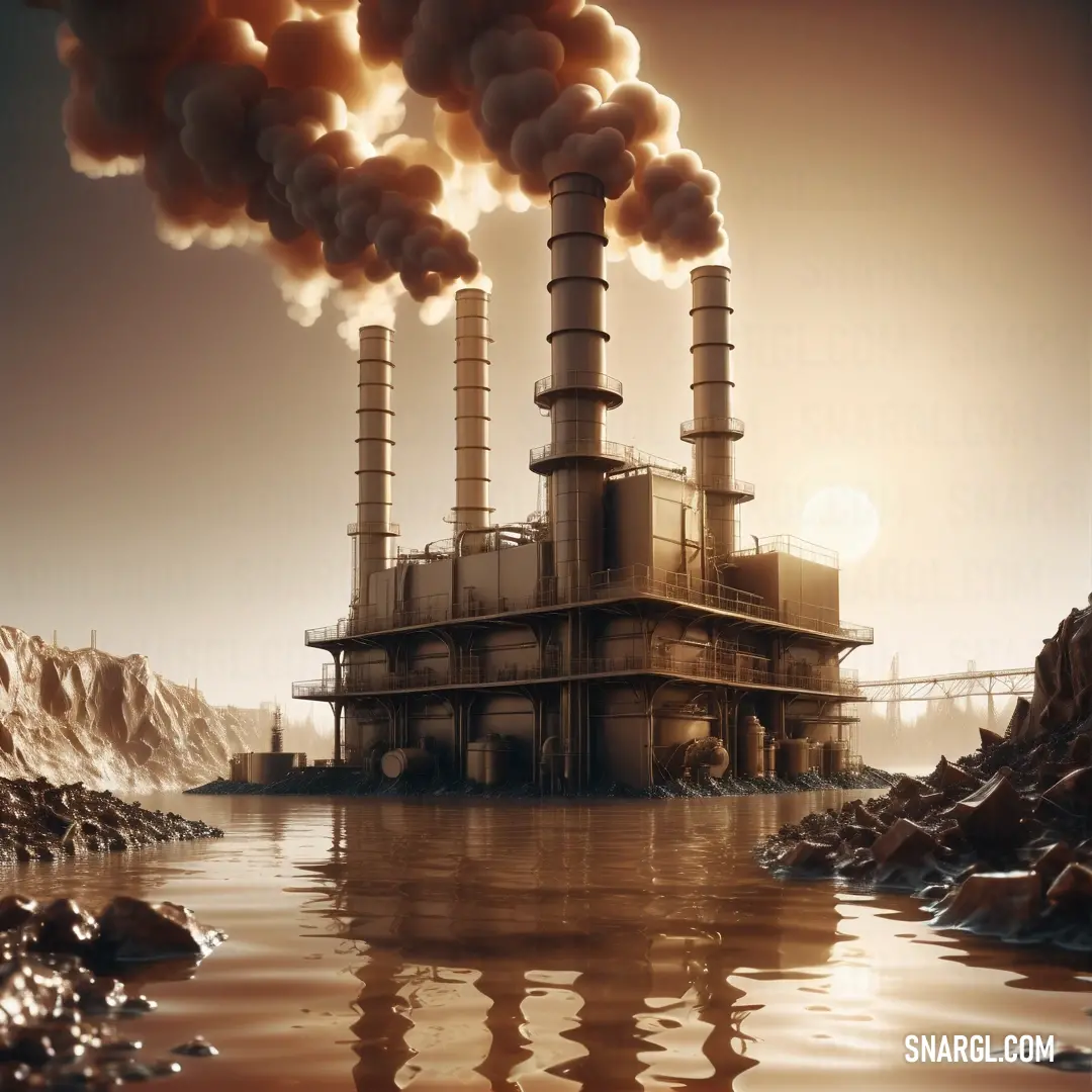 Factory with smoke coming out of it's stacks and a body of water in front of it. Example of #F5D7A5 color.