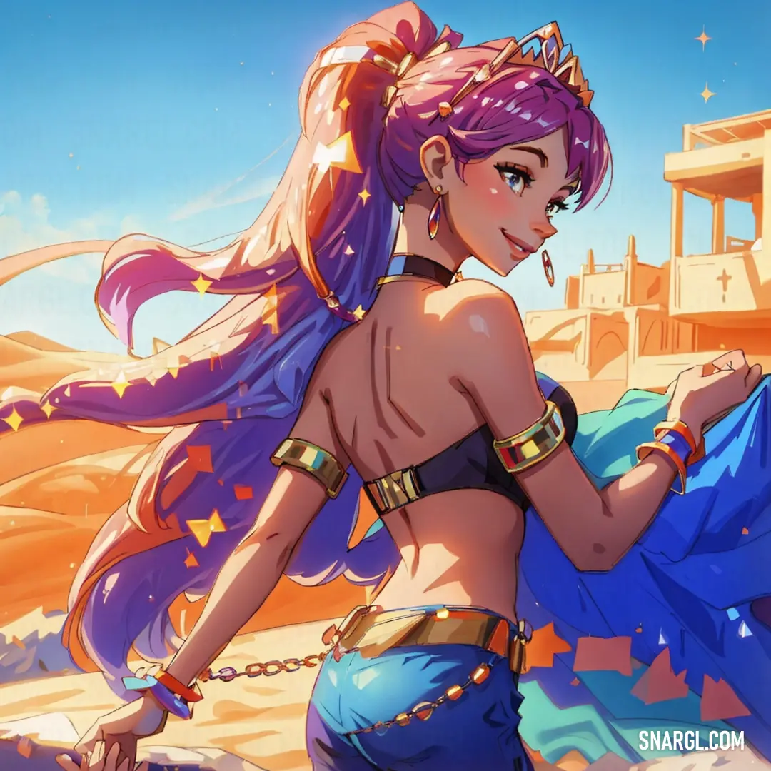 Girl with purple hair and a blue outfit is standing in front of a desert landscape with a building