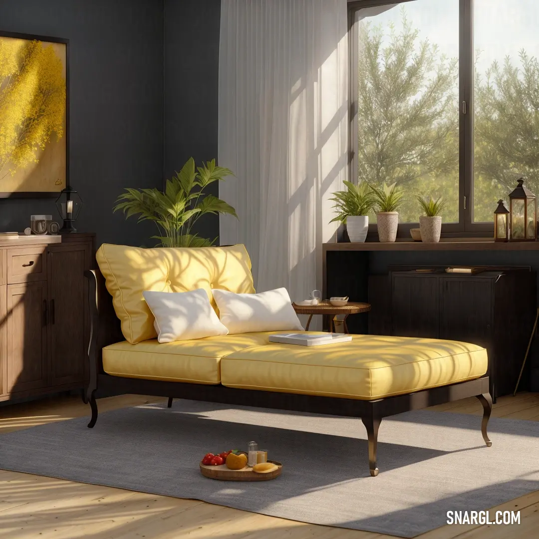 Living room with a yellow couch and a table with a tray of fruit on it and a potted plant
