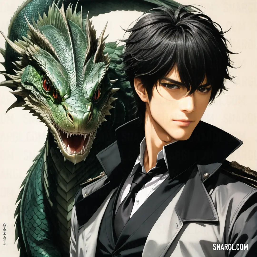 Man in a black shirt and a green dragon behind him